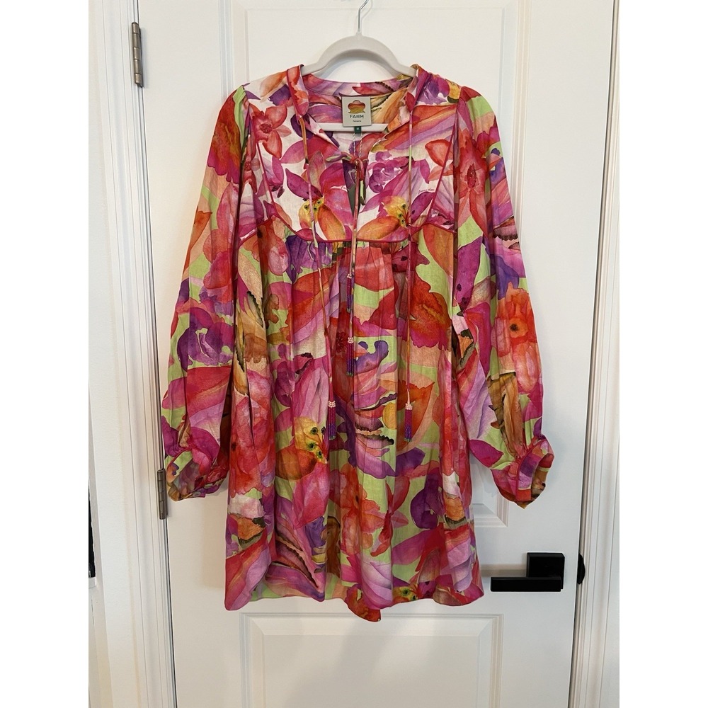 NWT FARM RioMulticolor Artsy Flora Mini Dress Size M Linen Blend